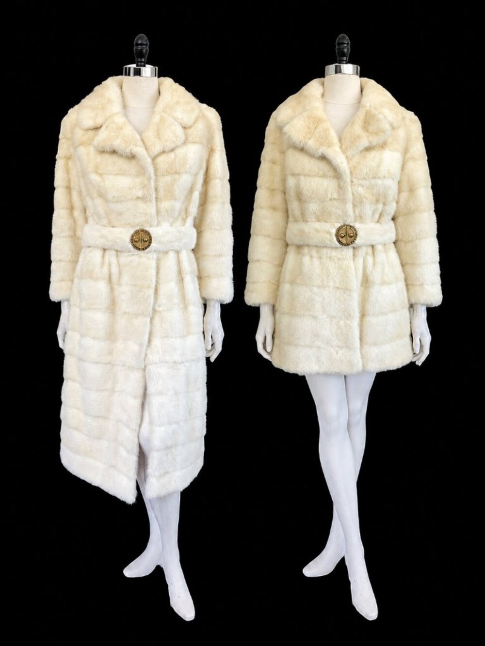 1960s Mink 2-Length Zip-Off Hem Real Fur Coat Blonde w. Matching Belt